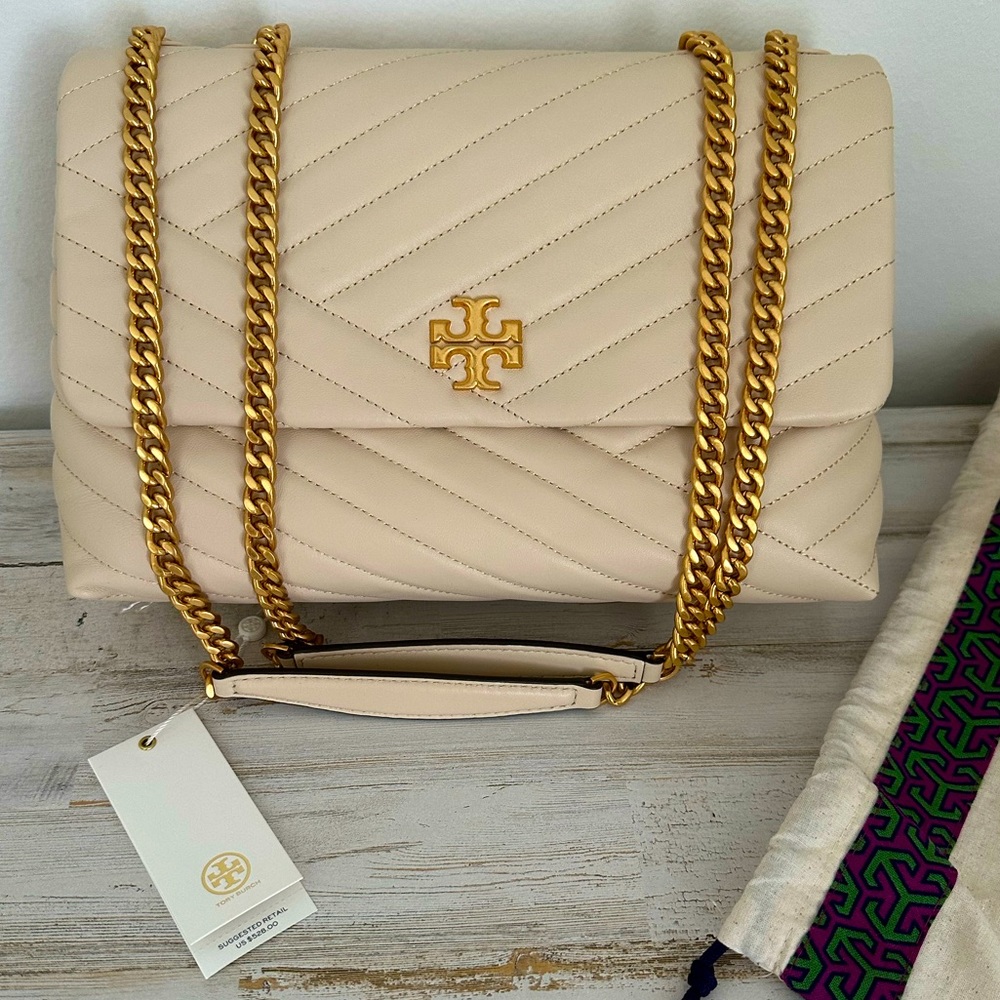 TORY BURCH Kira Chevron Convertible Shoulder Bag NEW CREAM / ROLLED BRASS
